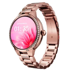 CrossBeats Diva 1.28” Stylish Smart Watch for Women with Stone Studded Bezel| Amoled Display | Female Health Tracker | 100 Sports Modes| Premium Metal Smartwatch with Wireless Charging - (Rose Gold)