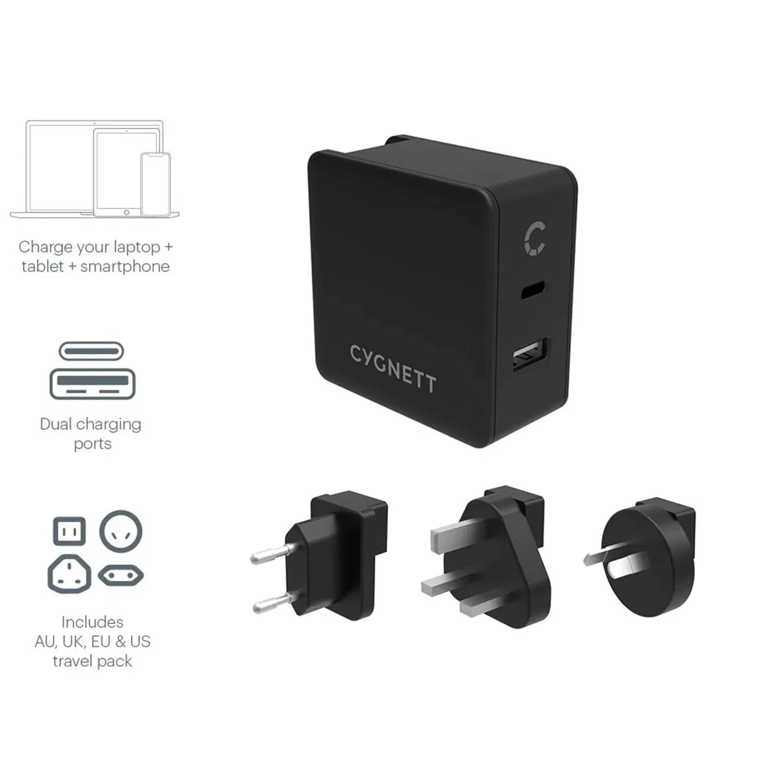 Cygnett 57W Wall Charger USB-C   USB-A & Travel Adapters