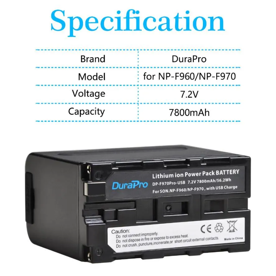 DuraPro High Capacity 7800mAh NP-F960 NP-F970 Battery with USB Port and LED Power Indicator