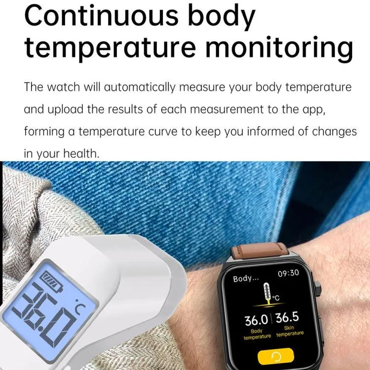 E530 Smart Watch with IP68 Waterproof Leather Band, ECG Monitoring and Non-Invasive Blood Sugar Support