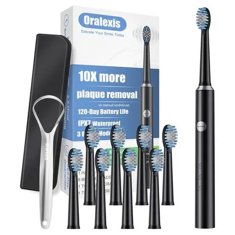 Electric Toothbrush With 8 Brush Heads & Tongue Scraper