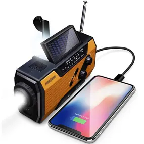 Emergency Solar Hand Crank Portable Radio Household Outdoor Emergency with AM/FM, LED Flashlight, Lamp, 2000mAh Power Bank USB Charger, SOS Alarm