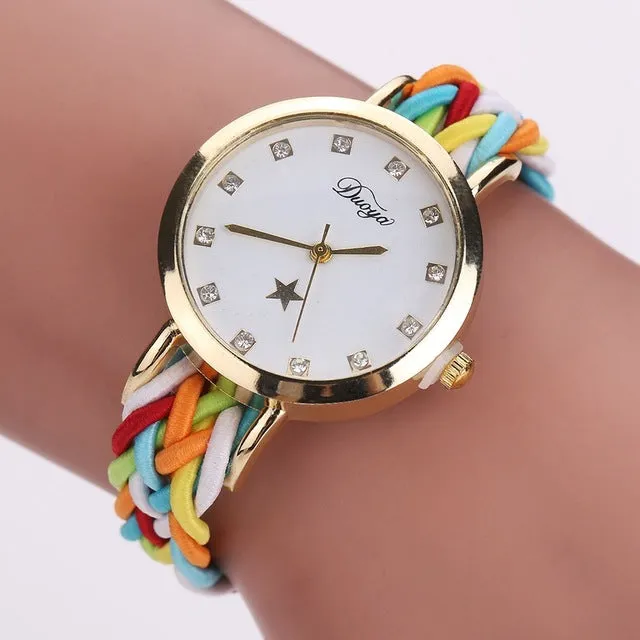 Fashion Weave Leather Watches Women Gold Rhinestone Wristwatch Casual Ladies Bracelet Watch Women Dress Quartz Watch Gift DY069