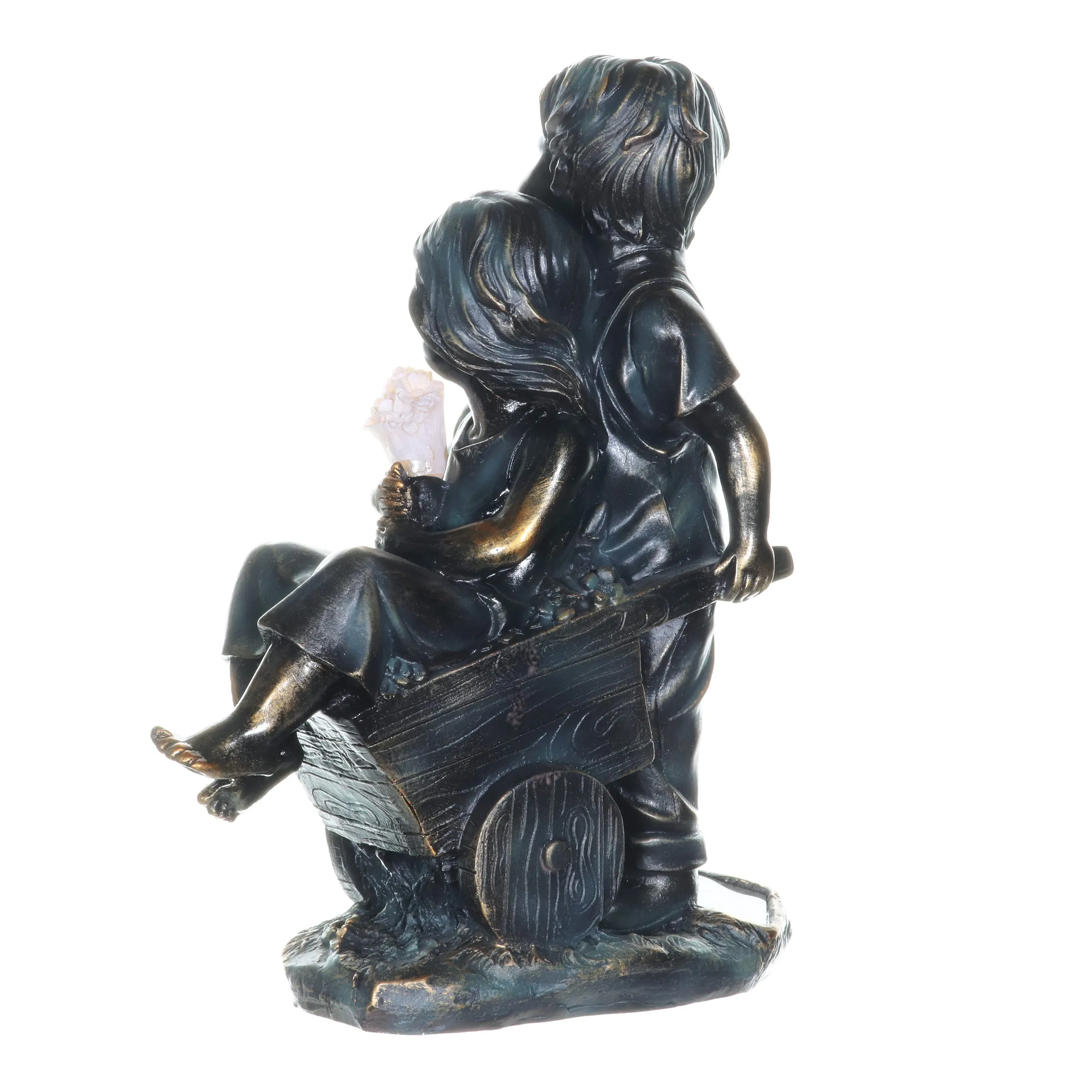 Faux Bronze Solar Boy and Girl in Wheelbarrow Garden Statue, 10 by 13 Inches