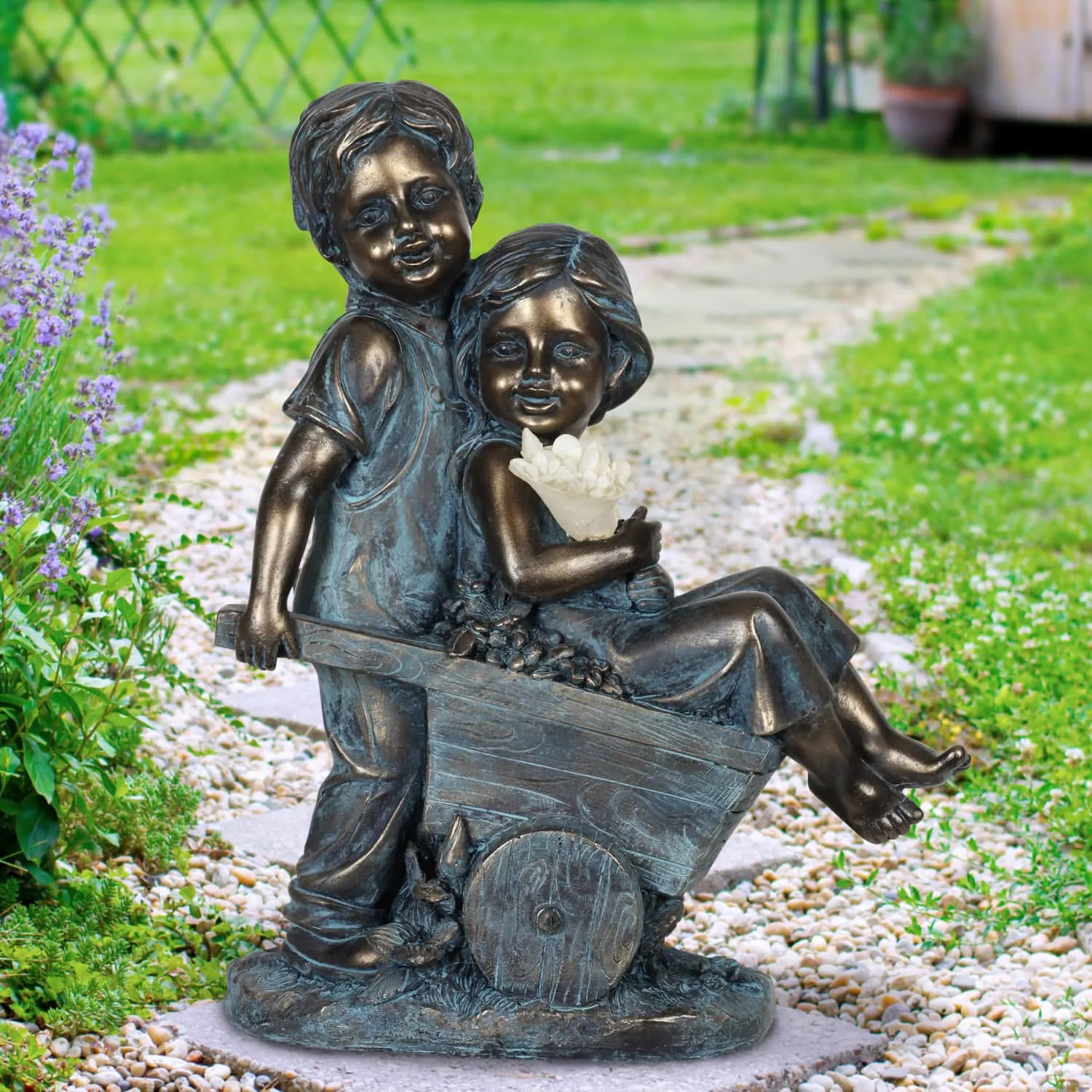 Faux Bronze Solar Boy and Girl in Wheelbarrow Garden Statue, 10 by 13 Inches