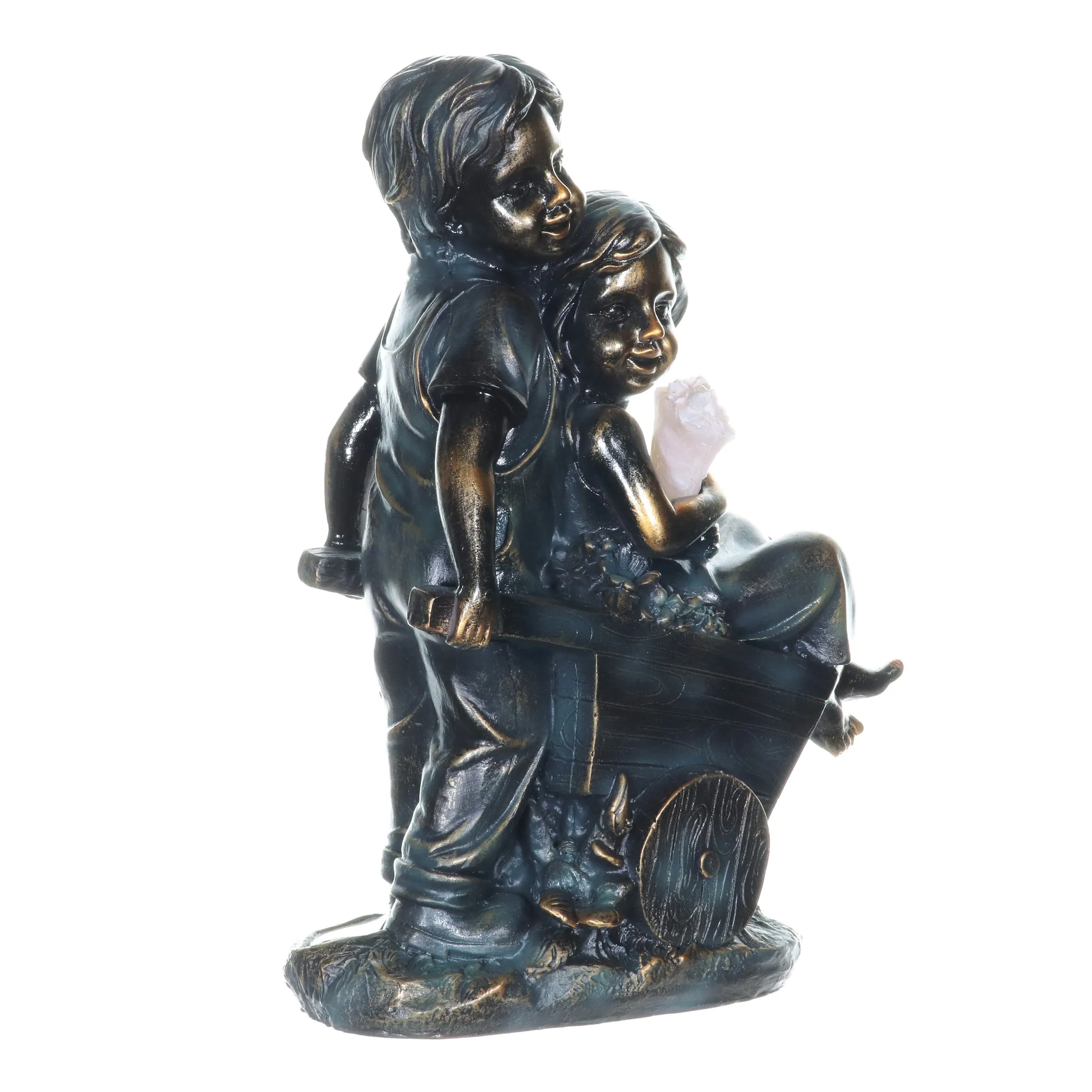 Faux Bronze Solar Boy and Girl in Wheelbarrow Garden Statue, 10 by 13 Inches