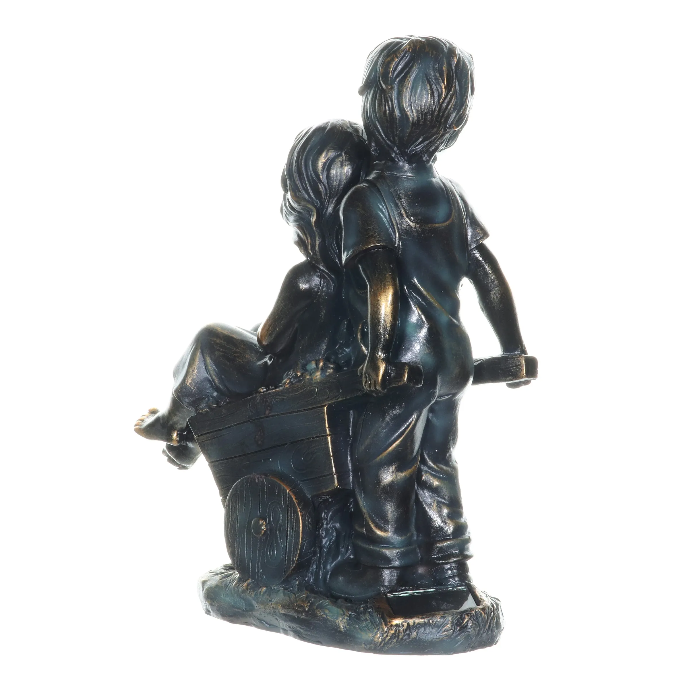 Faux Bronze Solar Boy and Girl in Wheelbarrow Garden Statue, 10 by 13 Inches