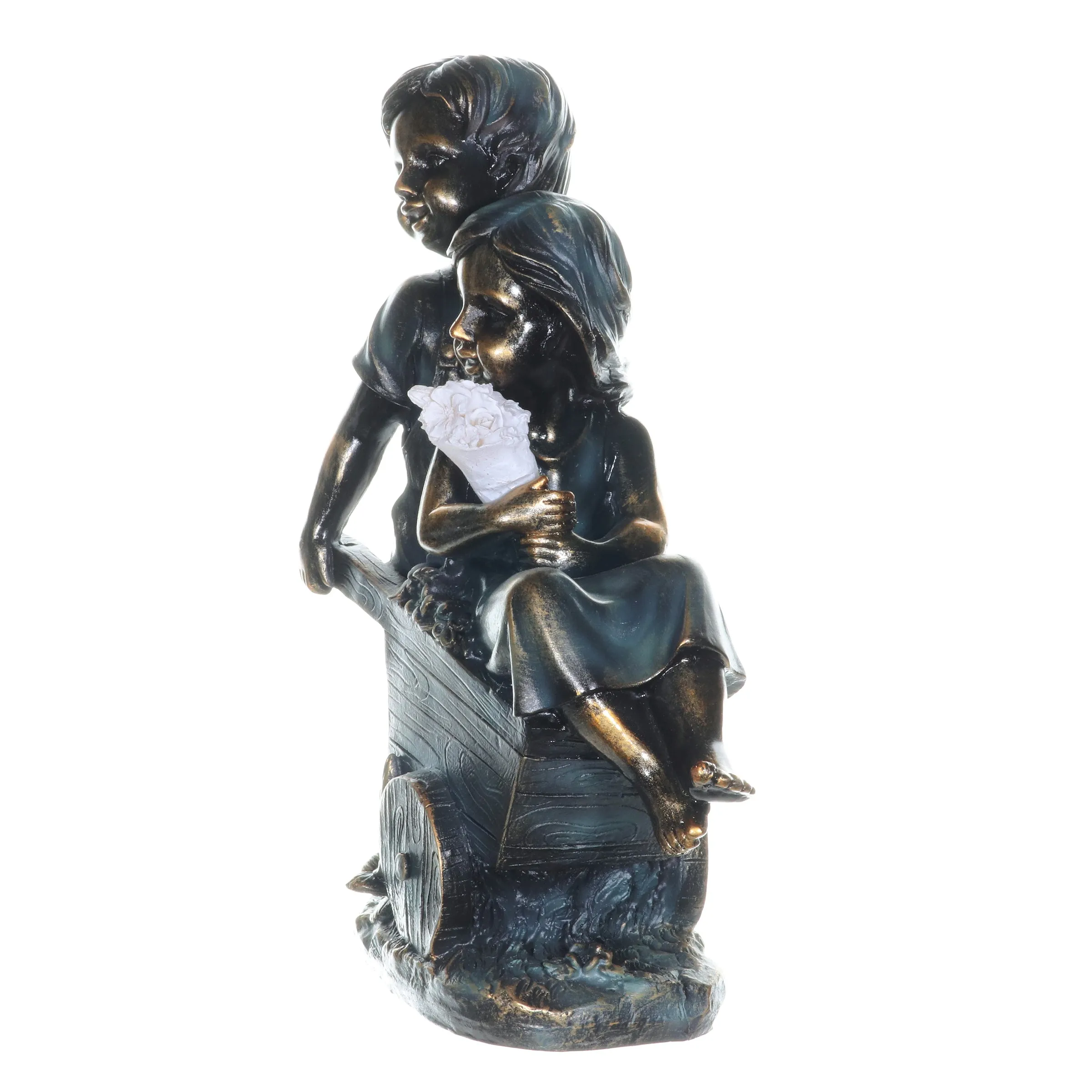 Faux Bronze Solar Boy and Girl in Wheelbarrow Garden Statue, 10 by 13 Inches