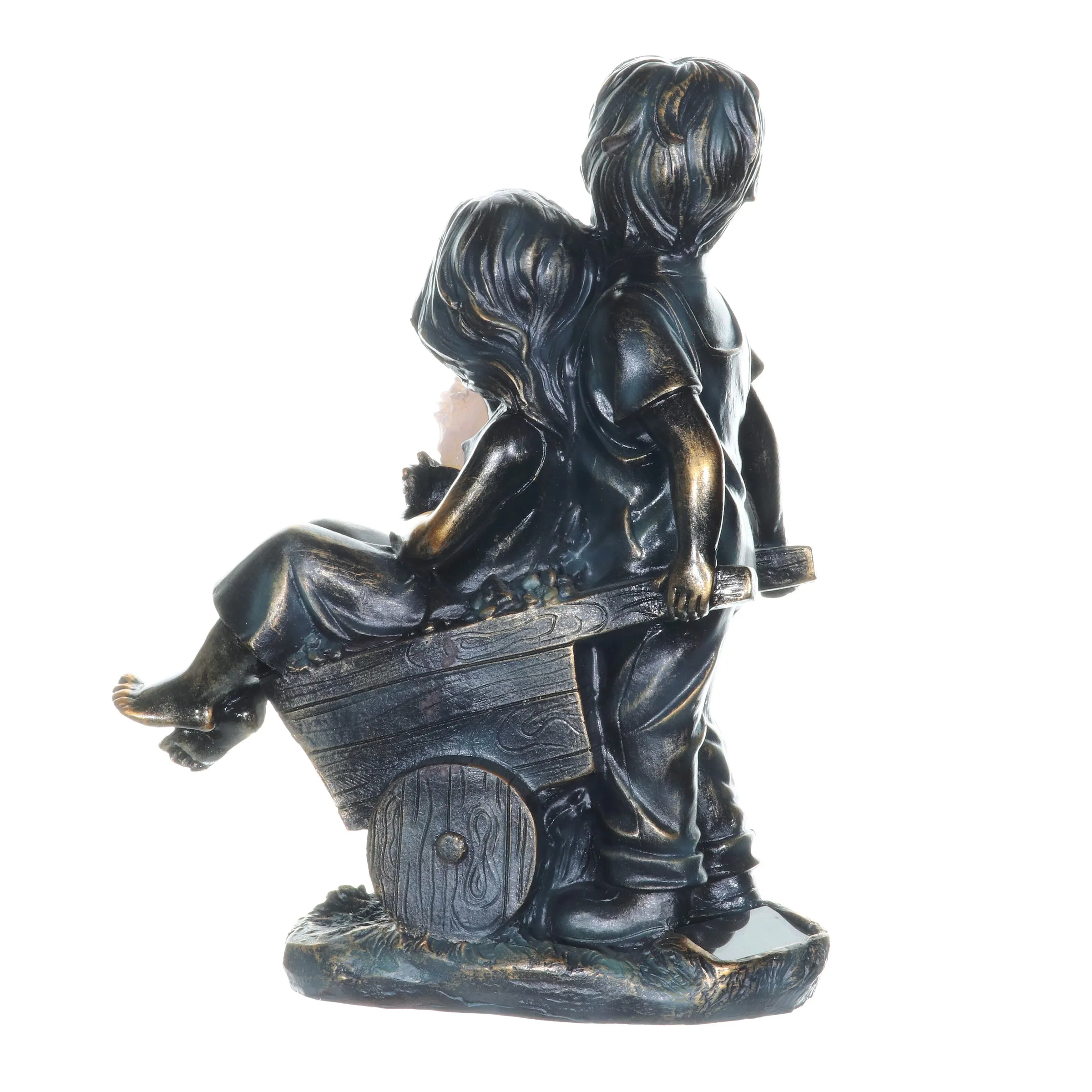 Faux Bronze Solar Boy and Girl in Wheelbarrow Garden Statue, 10 by 13 Inches