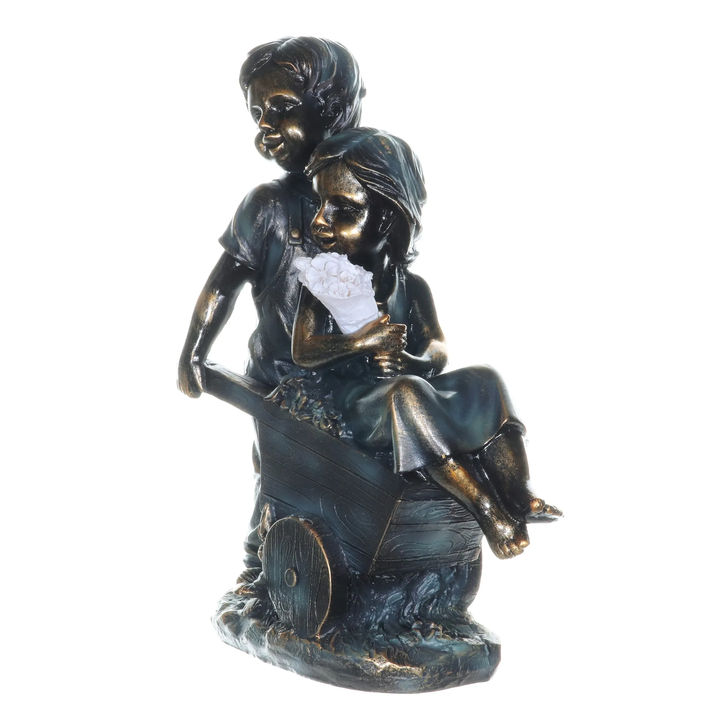 Faux Bronze Solar Boy and Girl in Wheelbarrow Garden Statue, 10 by 13 Inches