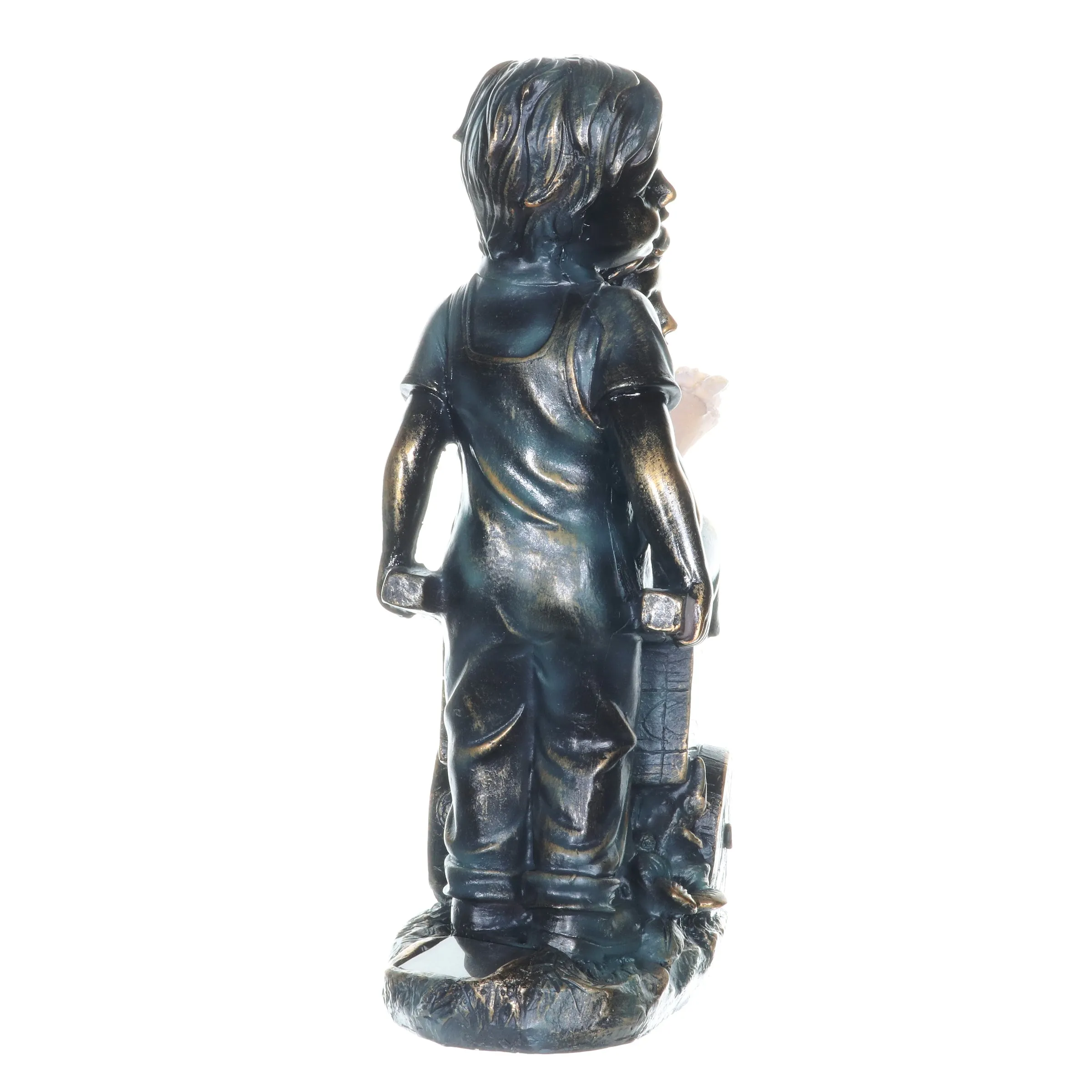 Faux Bronze Solar Boy and Girl in Wheelbarrow Garden Statue, 10 by 13 Inches