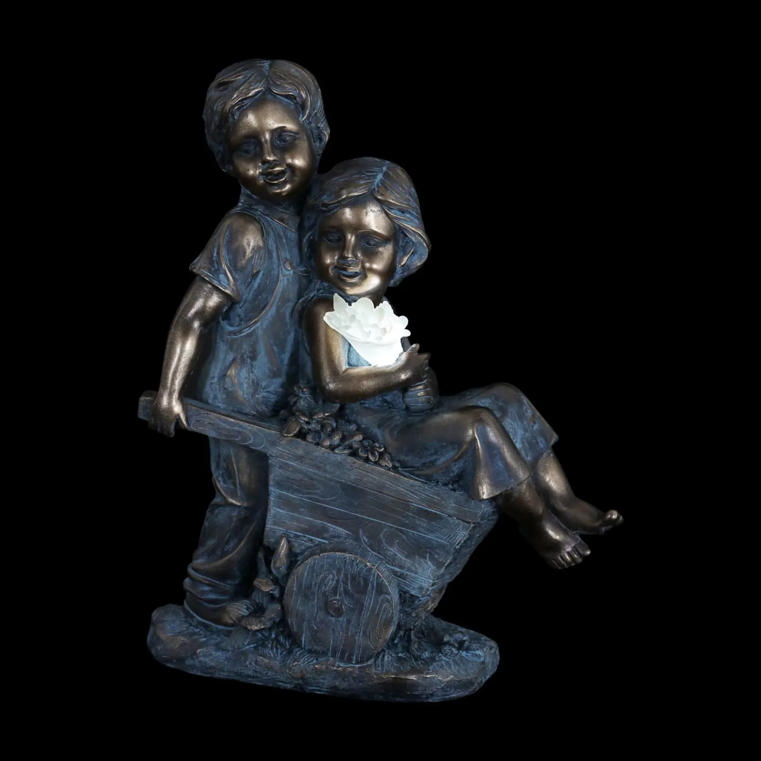 Faux Bronze Solar Boy and Girl in Wheelbarrow Garden Statue, 10 by 13 Inches