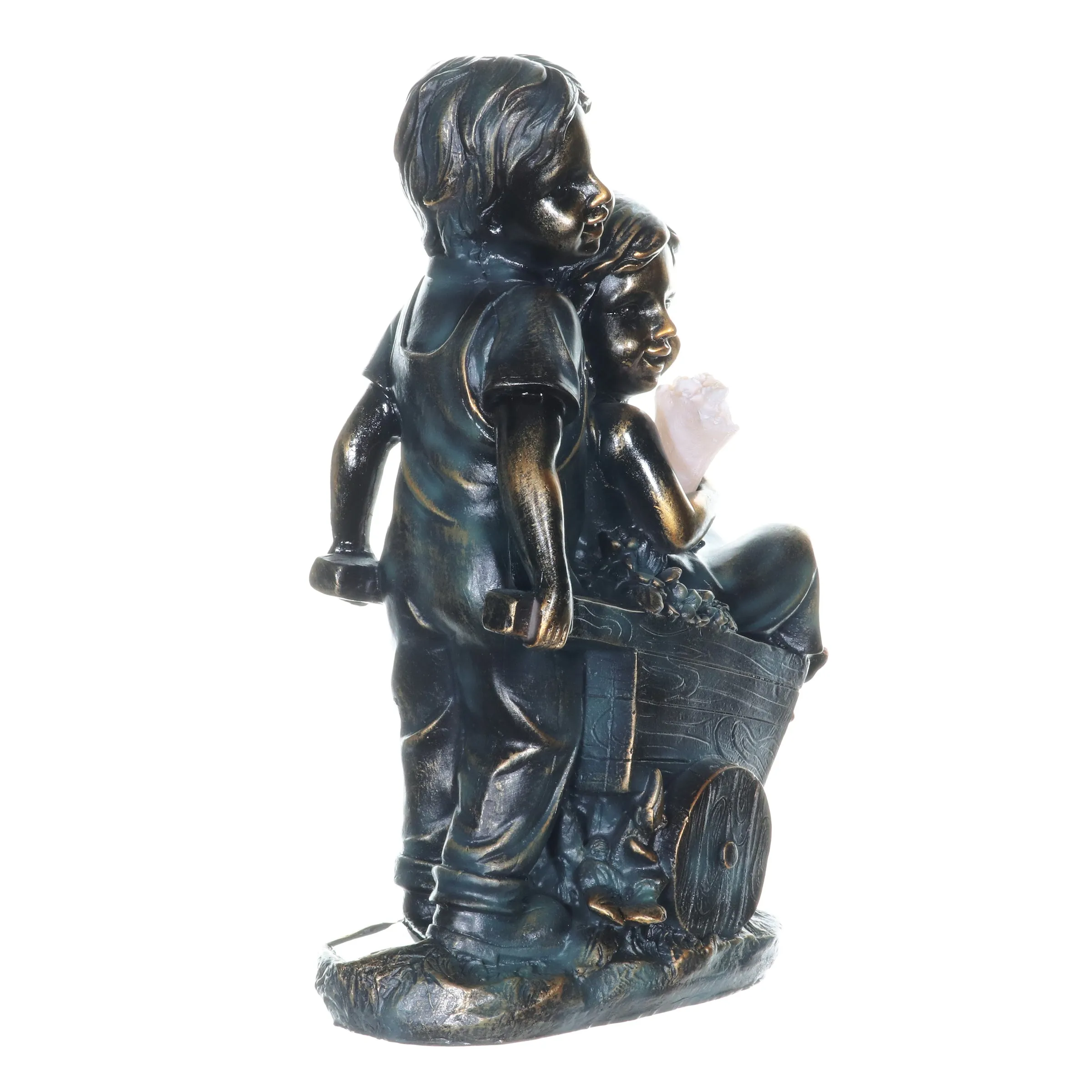 Faux Bronze Solar Boy and Girl in Wheelbarrow Garden Statue, 10 by 13 Inches