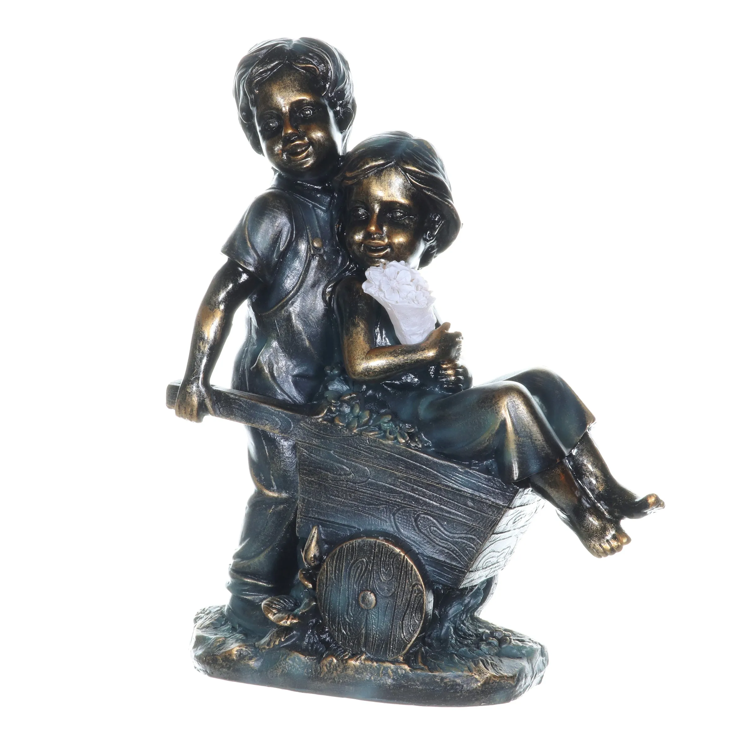 Faux Bronze Solar Boy and Girl in Wheelbarrow Garden Statue, 10 by 13 Inches