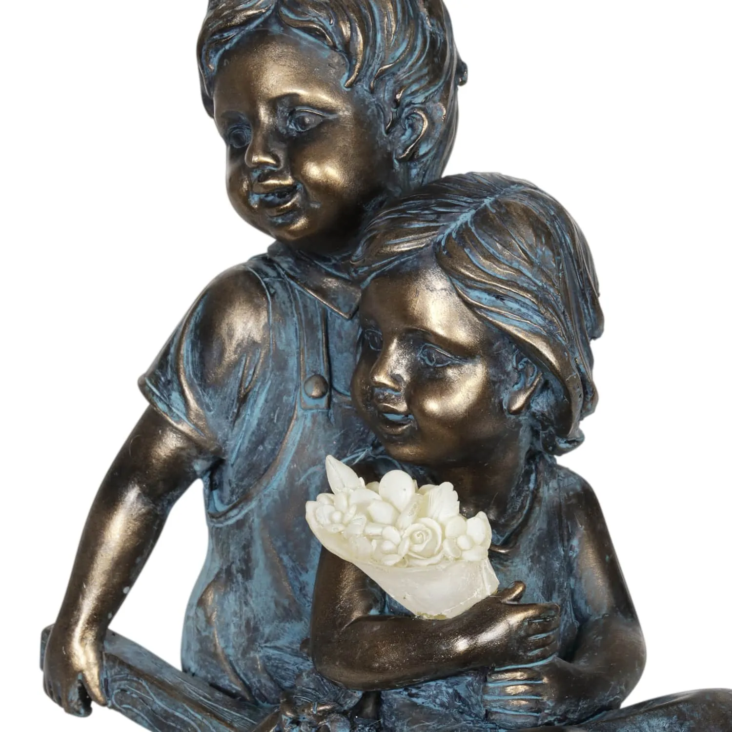 Faux Bronze Solar Boy and Girl in Wheelbarrow Garden Statue, 10 by 13 Inches