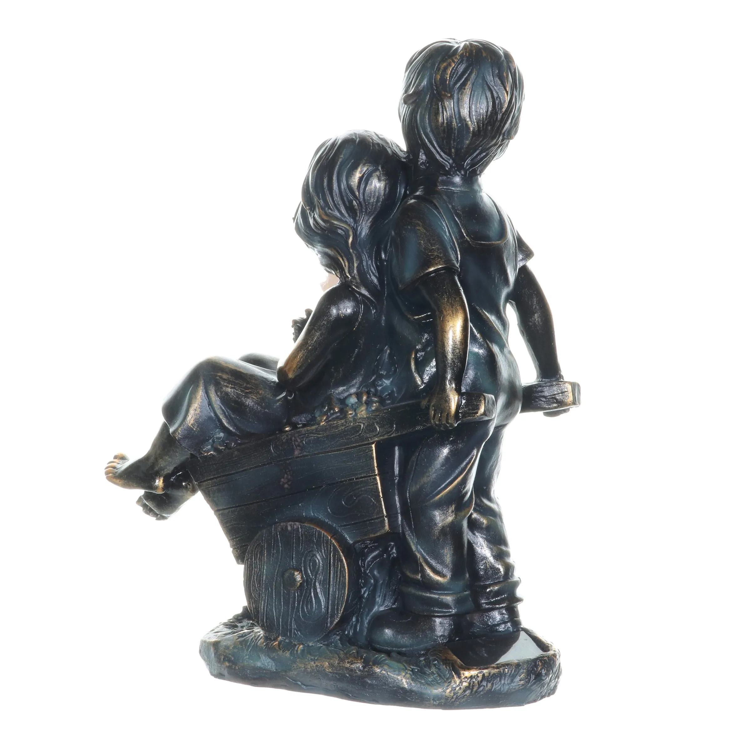 Faux Bronze Solar Boy and Girl in Wheelbarrow Garden Statue, 10 by 13 Inches