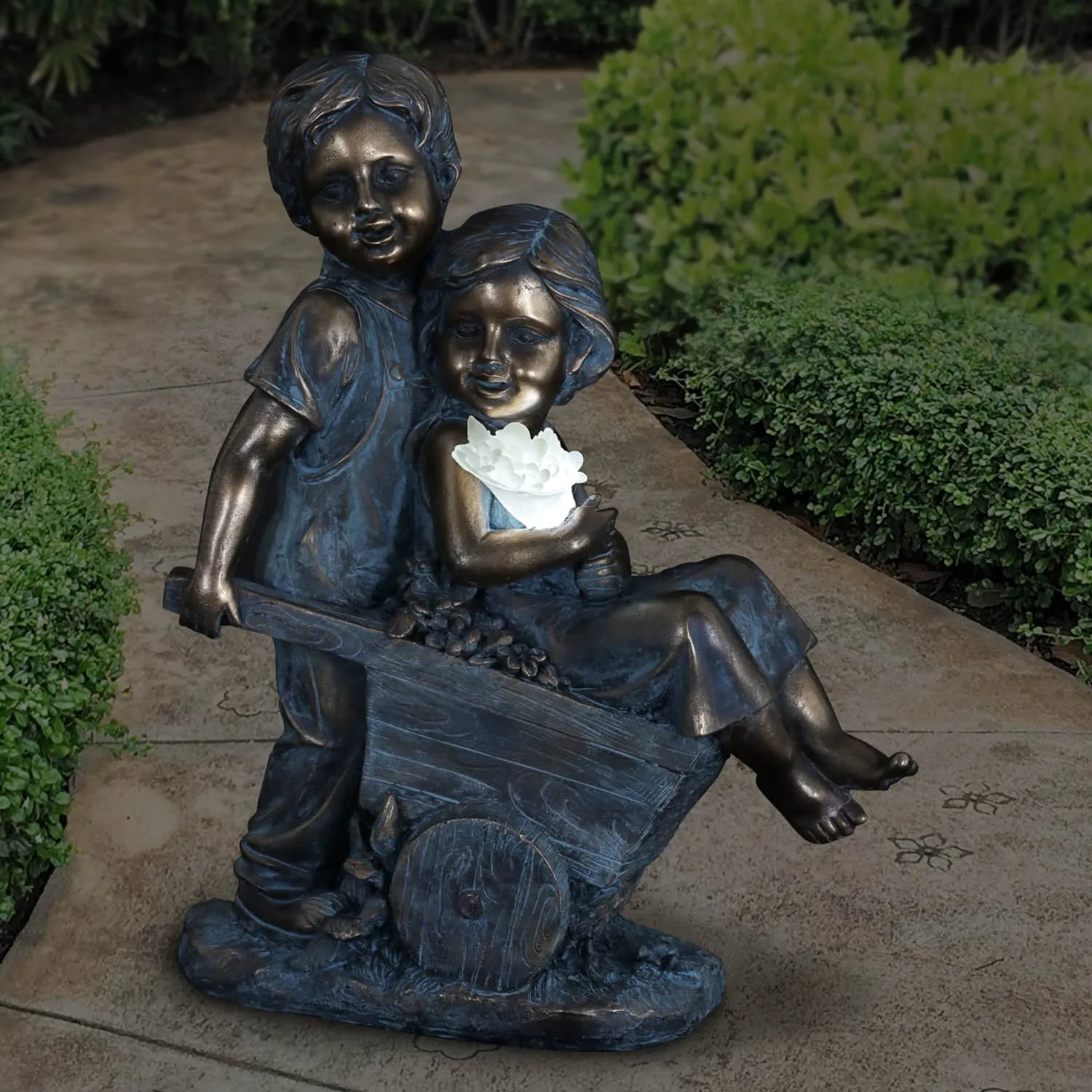 Faux Bronze Solar Boy and Girl in Wheelbarrow Garden Statue, 10 by 13 Inches