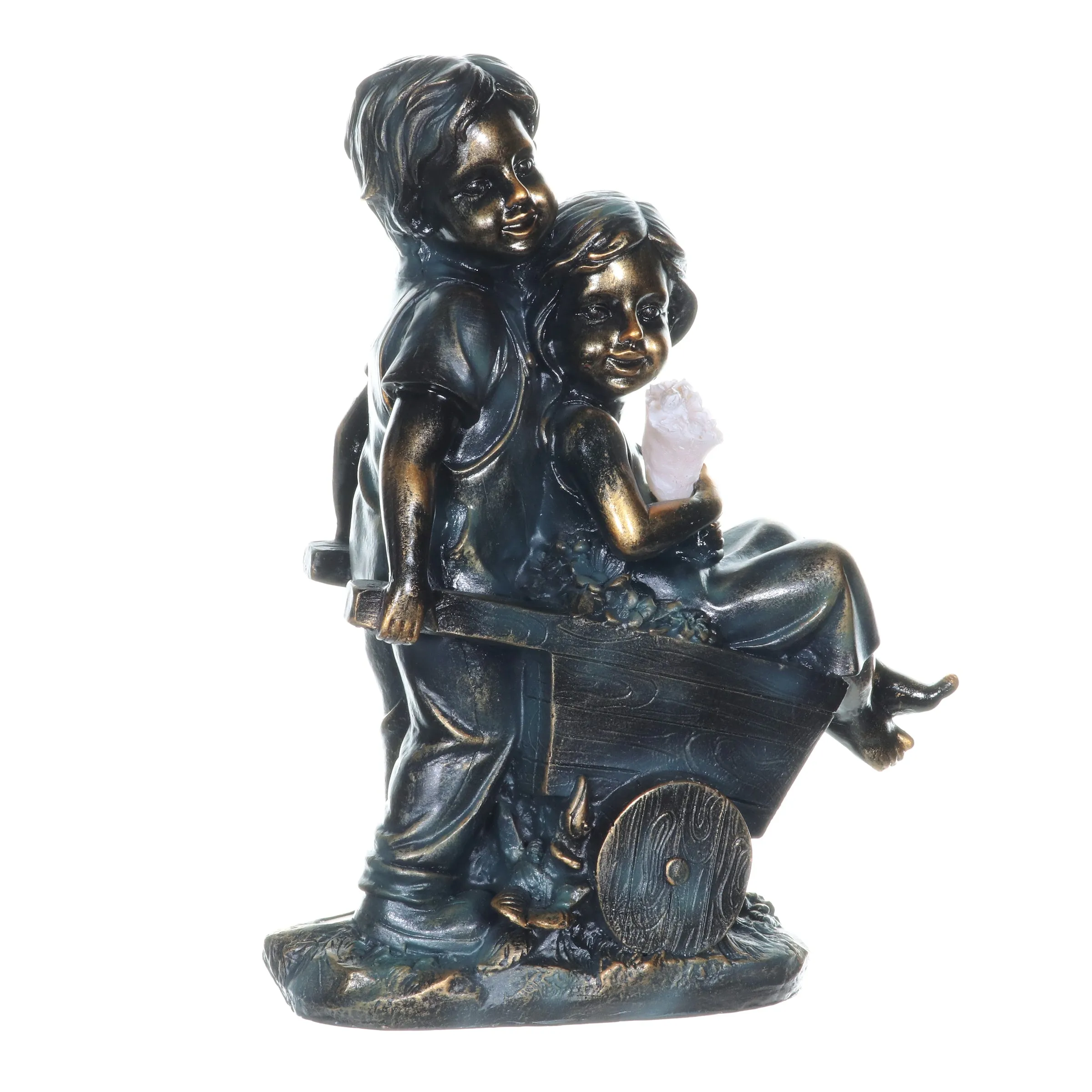 Faux Bronze Solar Boy and Girl in Wheelbarrow Garden Statue, 10 by 13 Inches