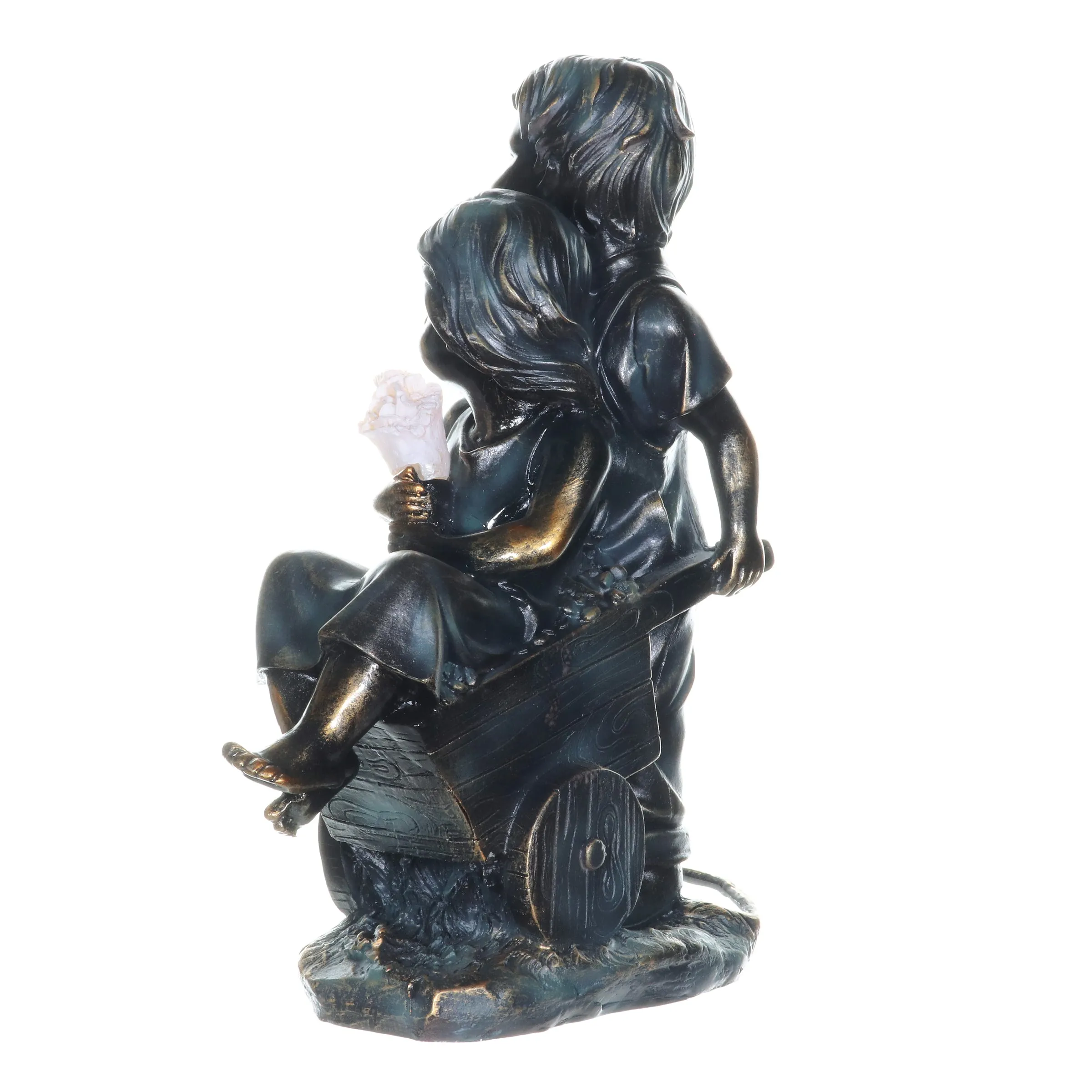 Faux Bronze Solar Boy and Girl in Wheelbarrow Garden Statue, 10 by 13 Inches