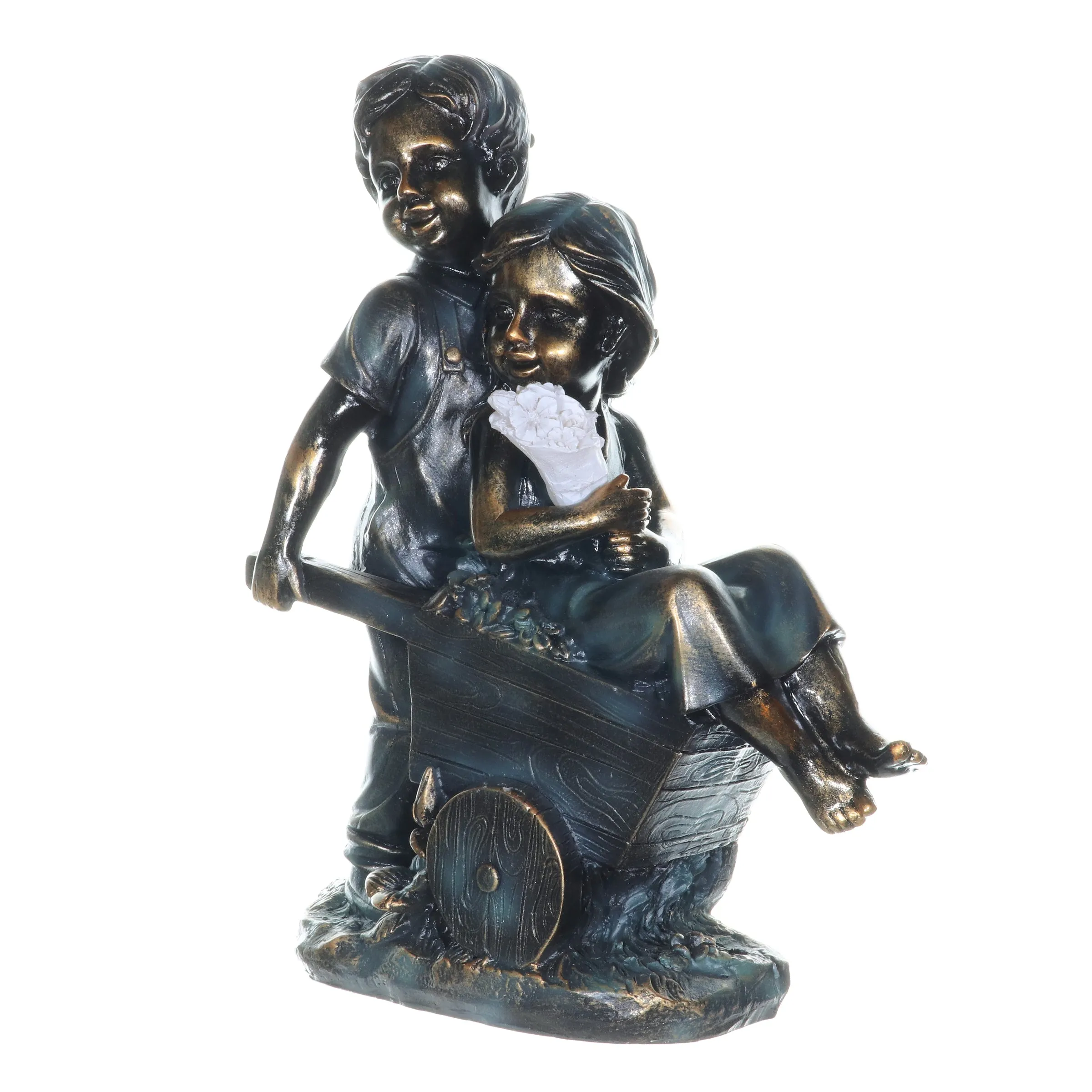 Faux Bronze Solar Boy and Girl in Wheelbarrow Garden Statue, 10 by 13 Inches