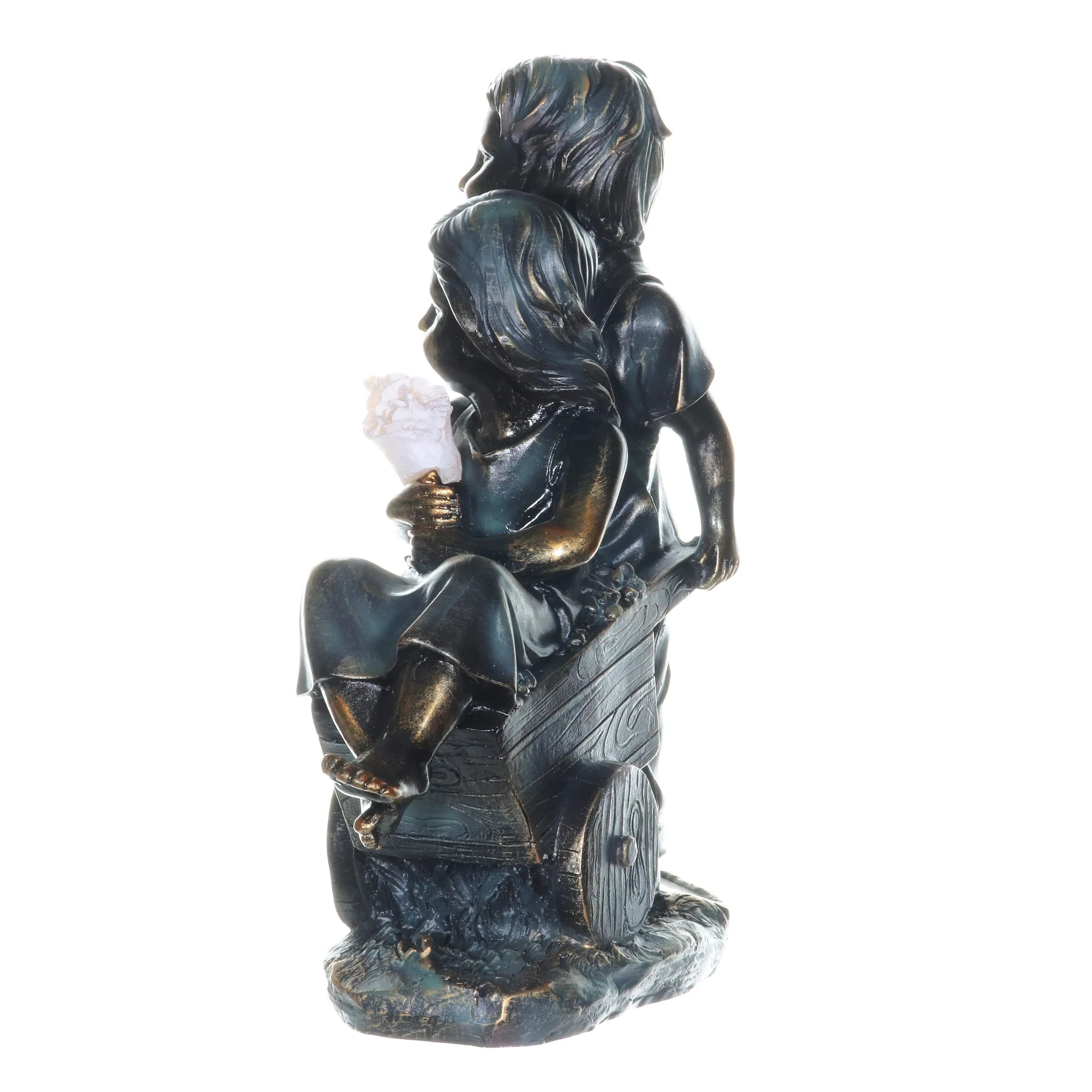 Faux Bronze Solar Boy and Girl in Wheelbarrow Garden Statue, 10 by 13 Inches