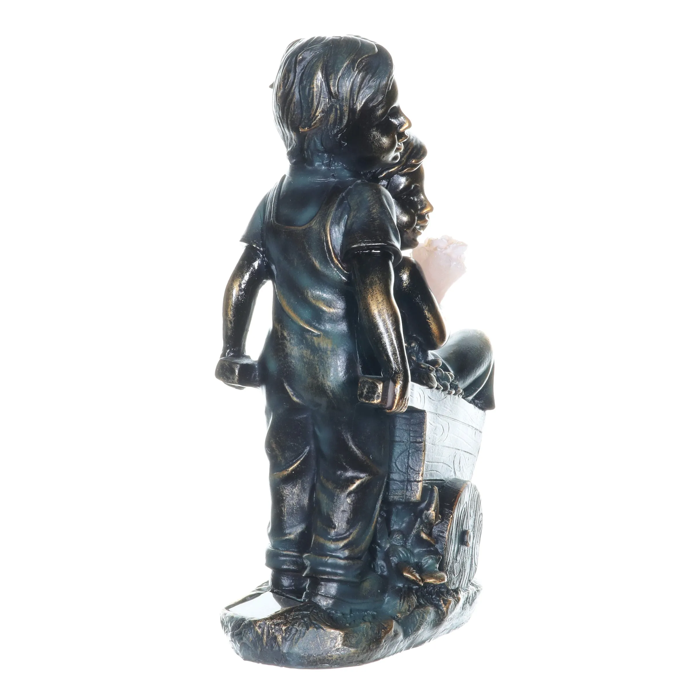 Faux Bronze Solar Boy and Girl in Wheelbarrow Garden Statue, 10 by 13 Inches