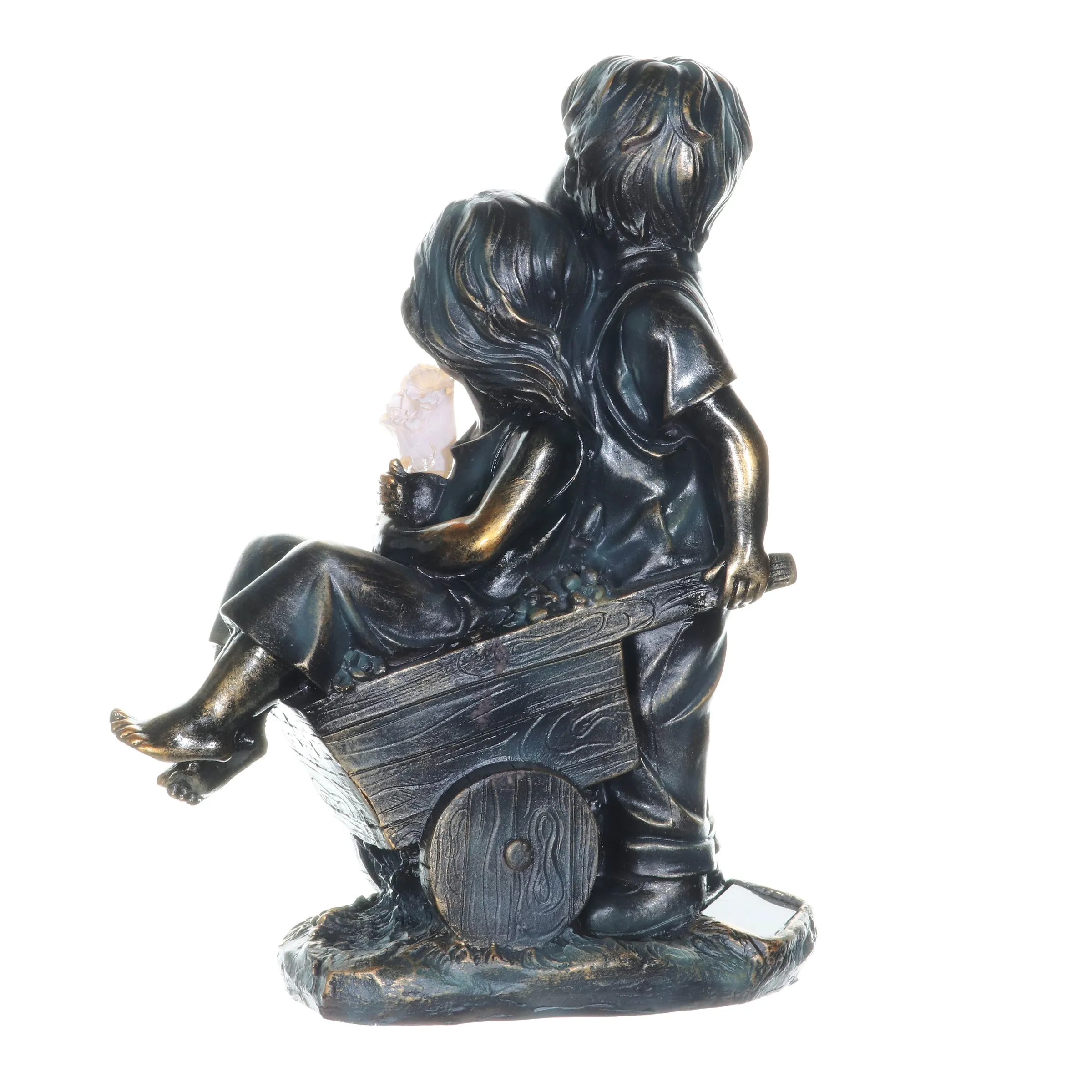 Faux Bronze Solar Boy and Girl in Wheelbarrow Garden Statue, 10 by 13 Inches