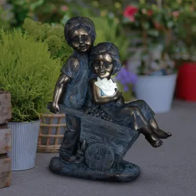 Faux Bronze Solar Boy and Girl in Wheelbarrow Garden Statue, 10 by 13 Inches