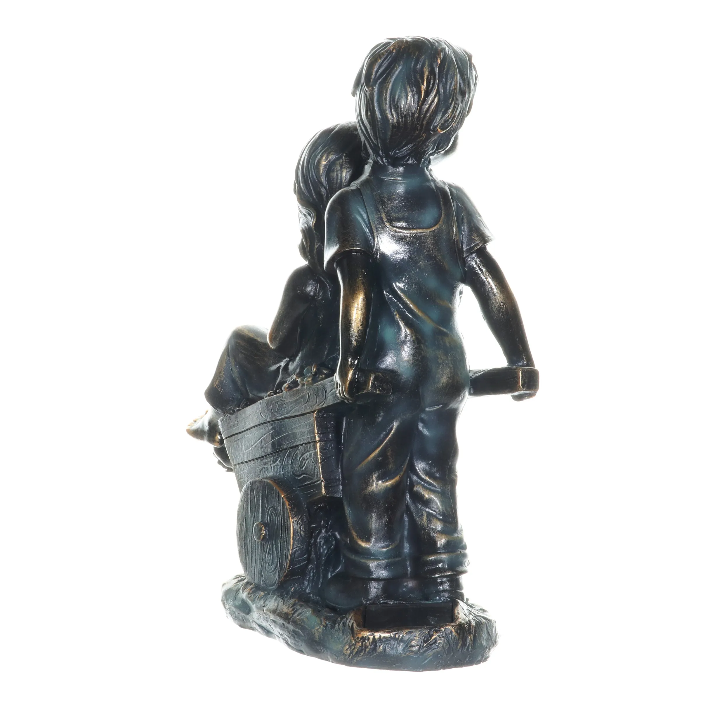 Faux Bronze Solar Boy and Girl in Wheelbarrow Garden Statue, 10 by 13 Inches