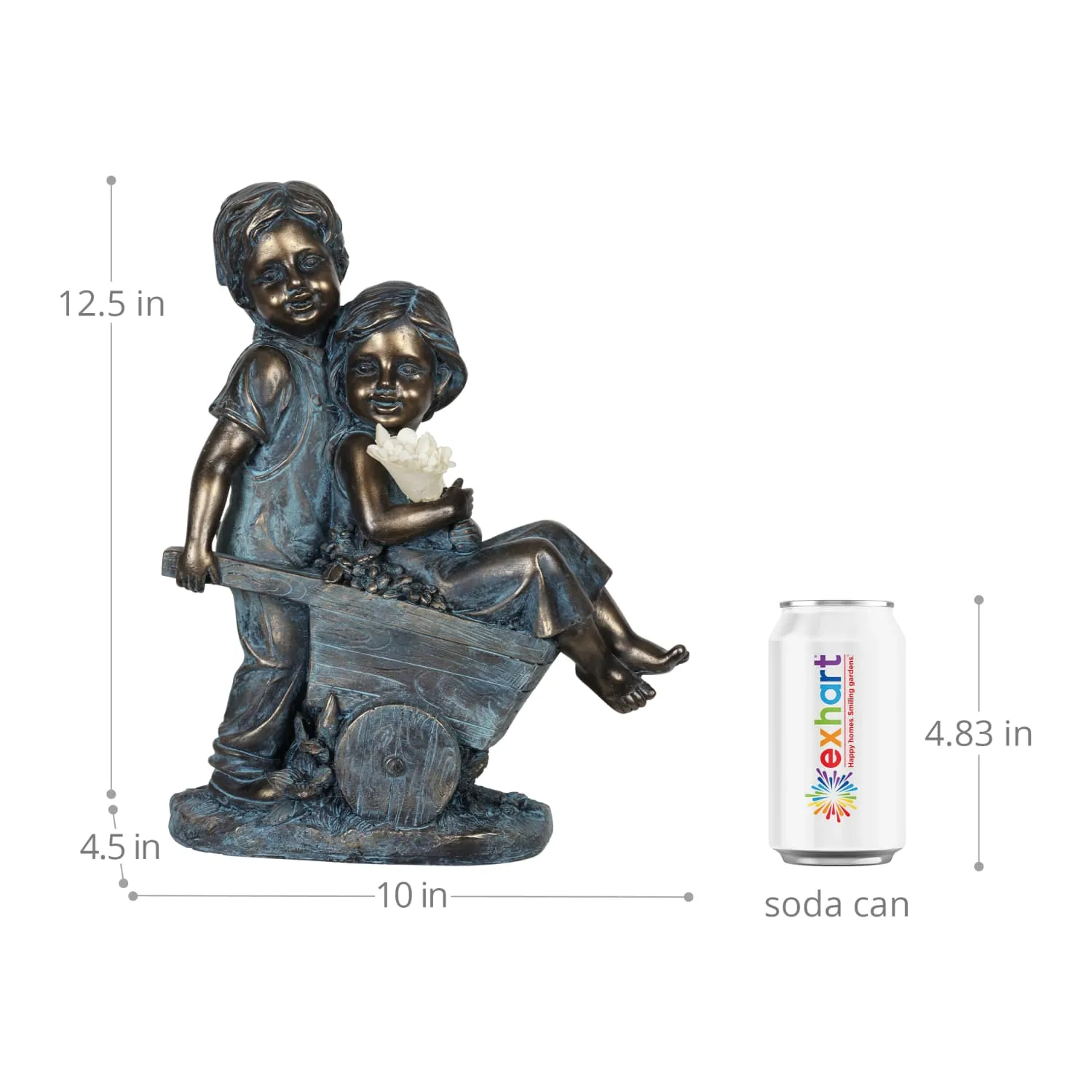 Faux Bronze Solar Boy and Girl in Wheelbarrow Garden Statue, 10 by 13 Inches