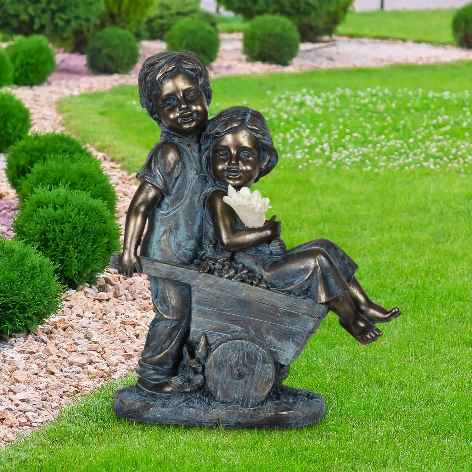 Faux Bronze Solar Boy and Girl in Wheelbarrow Garden Statue, 10 by 13 Inches