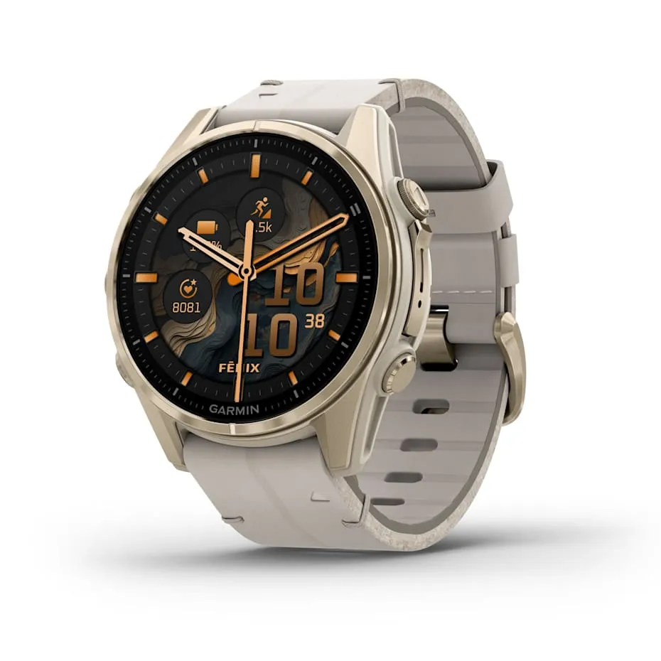 fēnix® 8 – 43 mm | AMOLED - Sapphire, Soft Gold with Limestone Leather Band