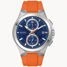 Gent's Silver Tn Bulova "Maquina" Watch with Blue Dial & Orange Band