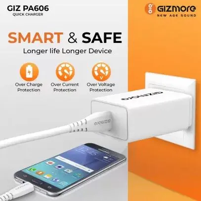 Gizmore GIZ PA606 3A Mobile Charger with Detachable Type C Cable (White, Cable Included)