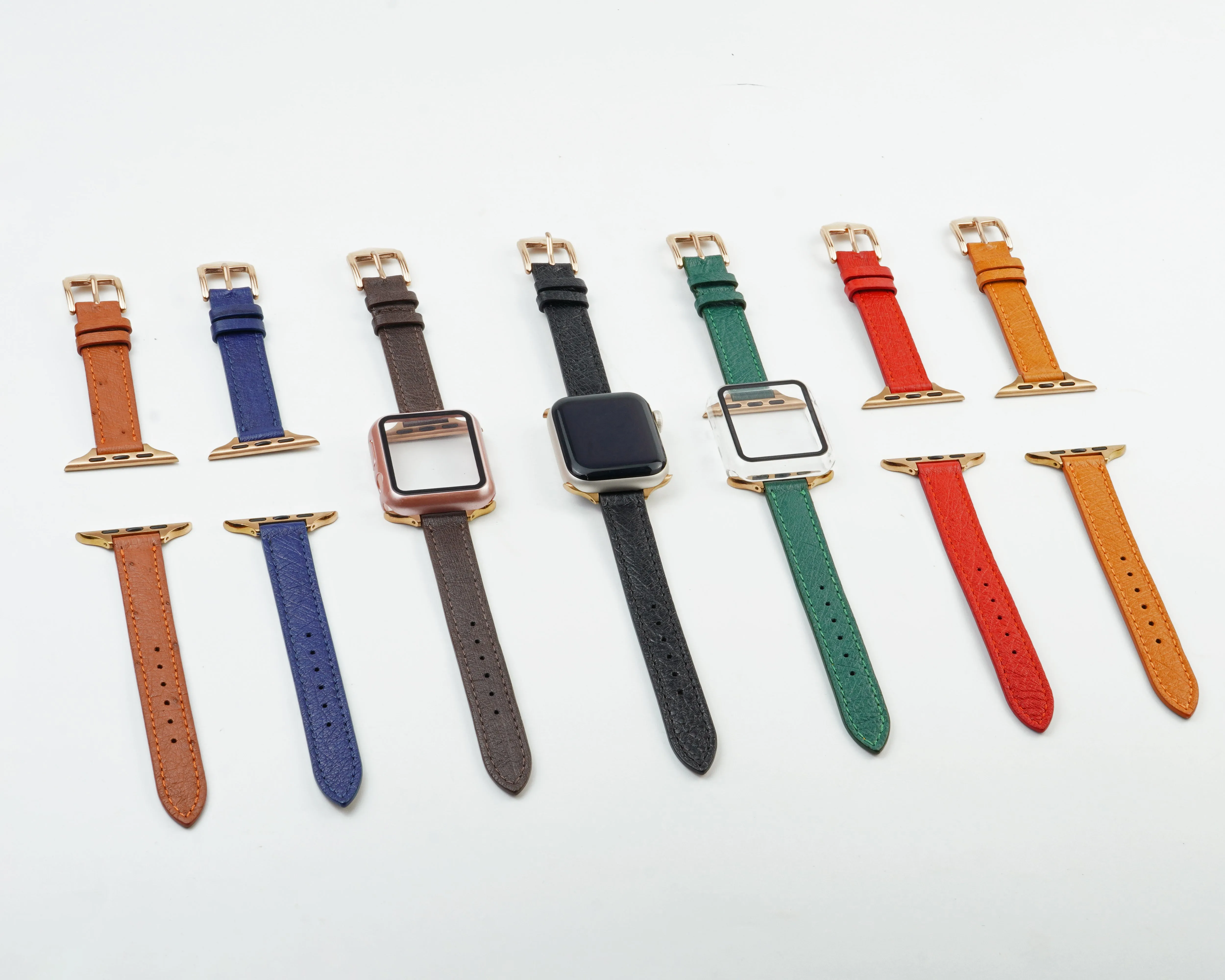 Green Flat Ostrich Leather Band Compatible Apple Watch Iwatch 44mm Screen Protector Case Gold Adapter Replacement Strap For Smartwatch Series 4 5 6 SE Leather Handmade AW-188G-W-44MM