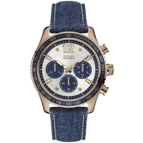 Guess Fleet Blue Denim Strap Silver Dial Chronograph Quartz Watch for Gents - W0970G3