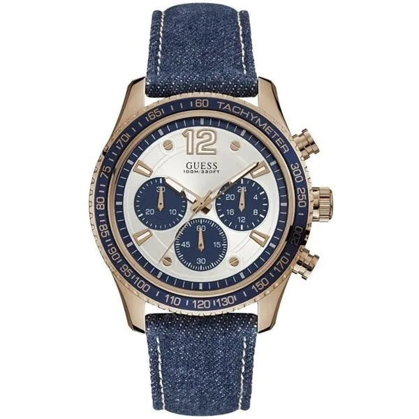 Guess Fleet Blue Denim Strap Silver Dial Chronograph Quartz Watch for Gents - W0970G3