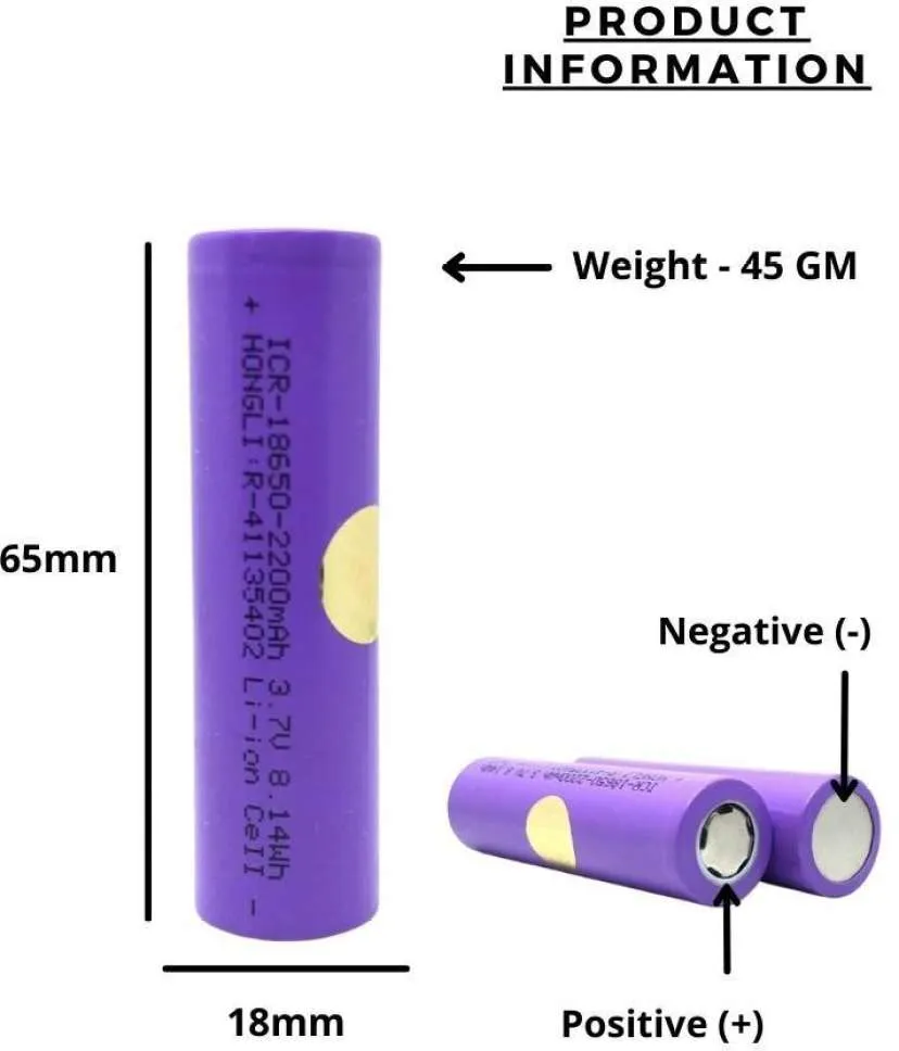 IFR 2200mAh 18650 Rechargeable Lithium ion Battery, 3.7 V 8.14Wh Li-Ion Cell