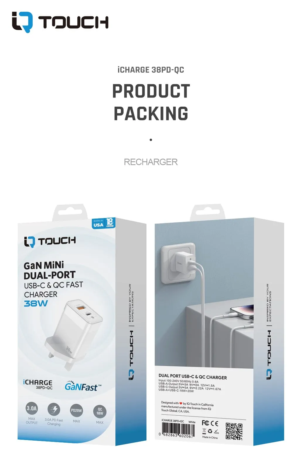 IQ TOUCH 38W Dual Port Wall Charger Powered by GaN Tech - ICHARGE-38PD-QC