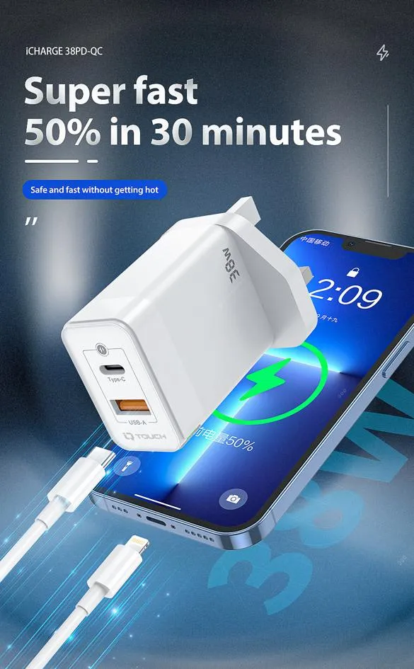 IQ TOUCH 38W Dual Port Wall Charger Powered by GaN Tech - ICHARGE-38PD-QC