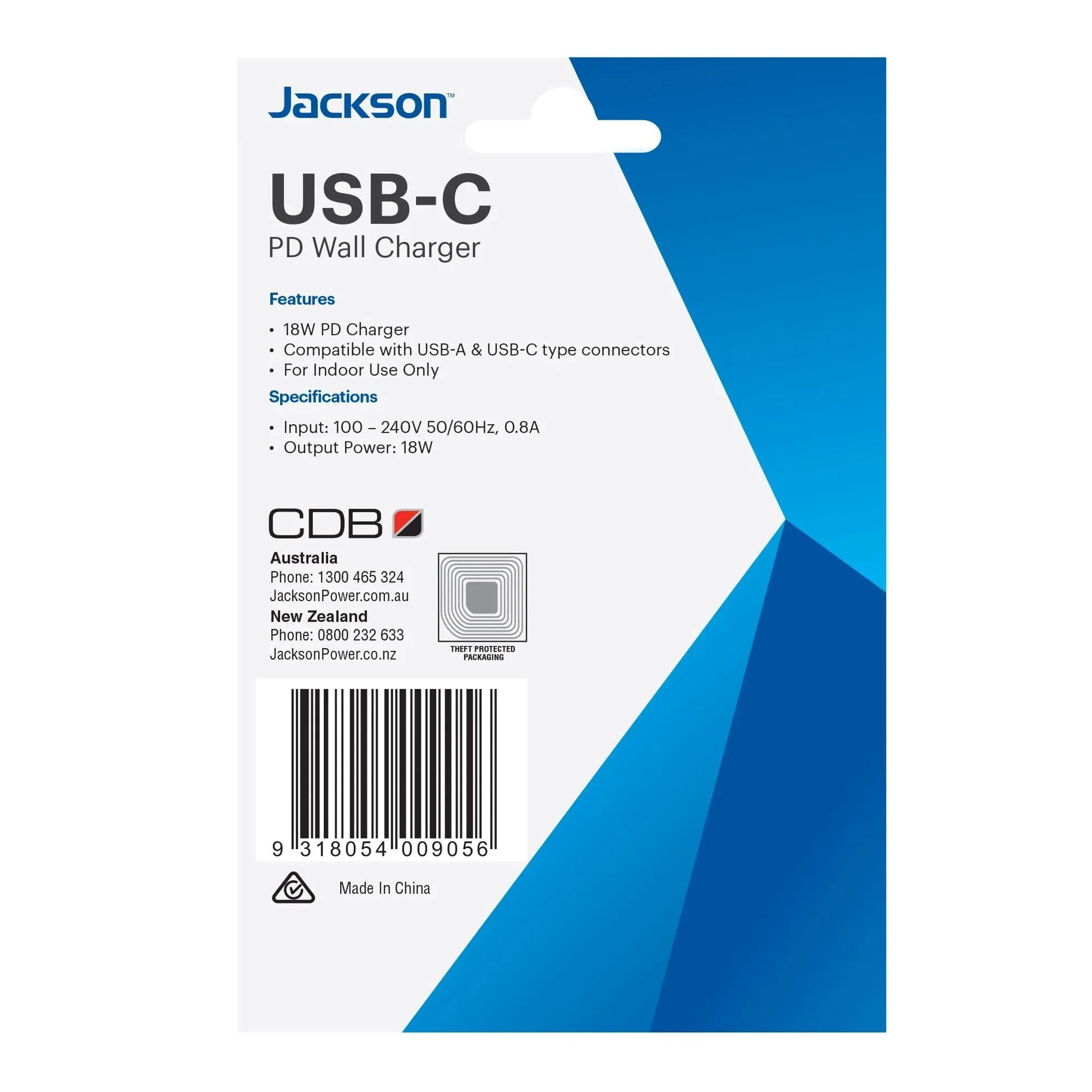 Jackson 18W Dual Port USB Wall Charger with 1x USB-A, 1x USB-C Ports, Fast Charge 18W PD