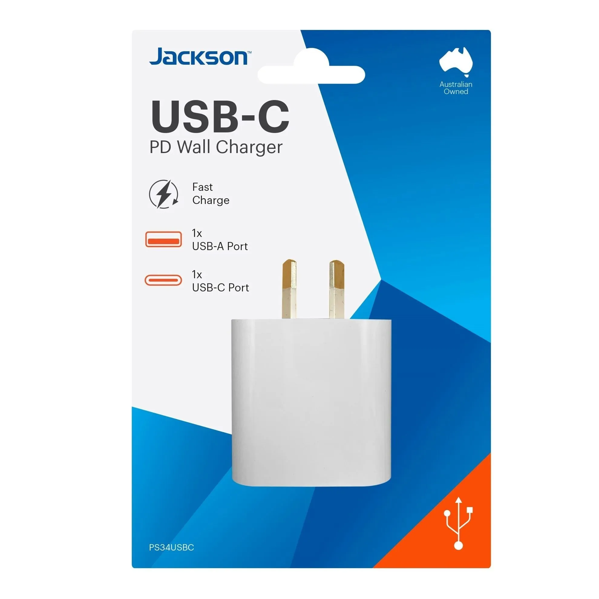 Jackson 18W Dual Port USB Wall Charger with 1x USB-A, 1x USB-C Ports, Fast Charge 18W PD