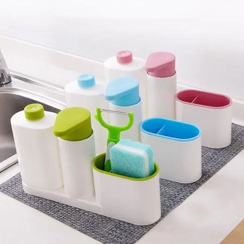 Kitchen Soap Dispenser Set with Sponge Holder and Tray - Lotion Bottle or Liquid Dish Soap - Soap Bottle - Storage Rack Holder Dishwashing