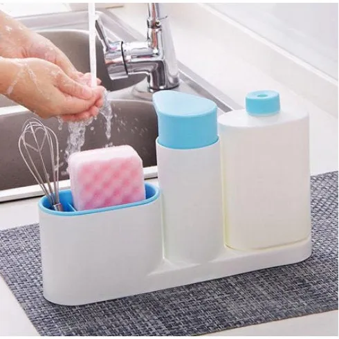 Kitchen Soap Dispenser Set with Sponge Holder and Tray - Lotion Bottle or Liquid Dish Soap - Soap Bottle - Storage Rack Holder Dishwashing