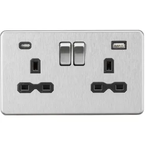 Knightsbridge Screwless 13A 2 Gang Switched Socket Dual USB A C Brushed Chrome with Black Insert