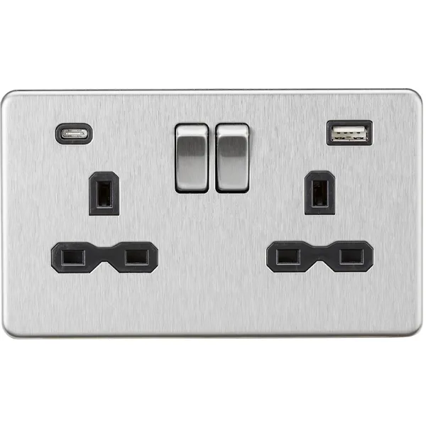 Knightsbridge Screwless 13A 2 Gang Switched Socket Dual USB A C Brushed Chrome with Black Insert