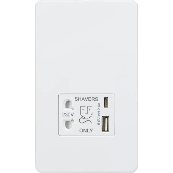 Knightsbridge Screwless 230V USB A C Shaver Socket Matt White