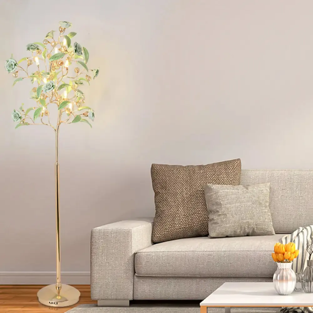 Korean Garden Rose Ceramic LED Floor Lamp with Crystal Accents - Perfect for Living Room Lighting