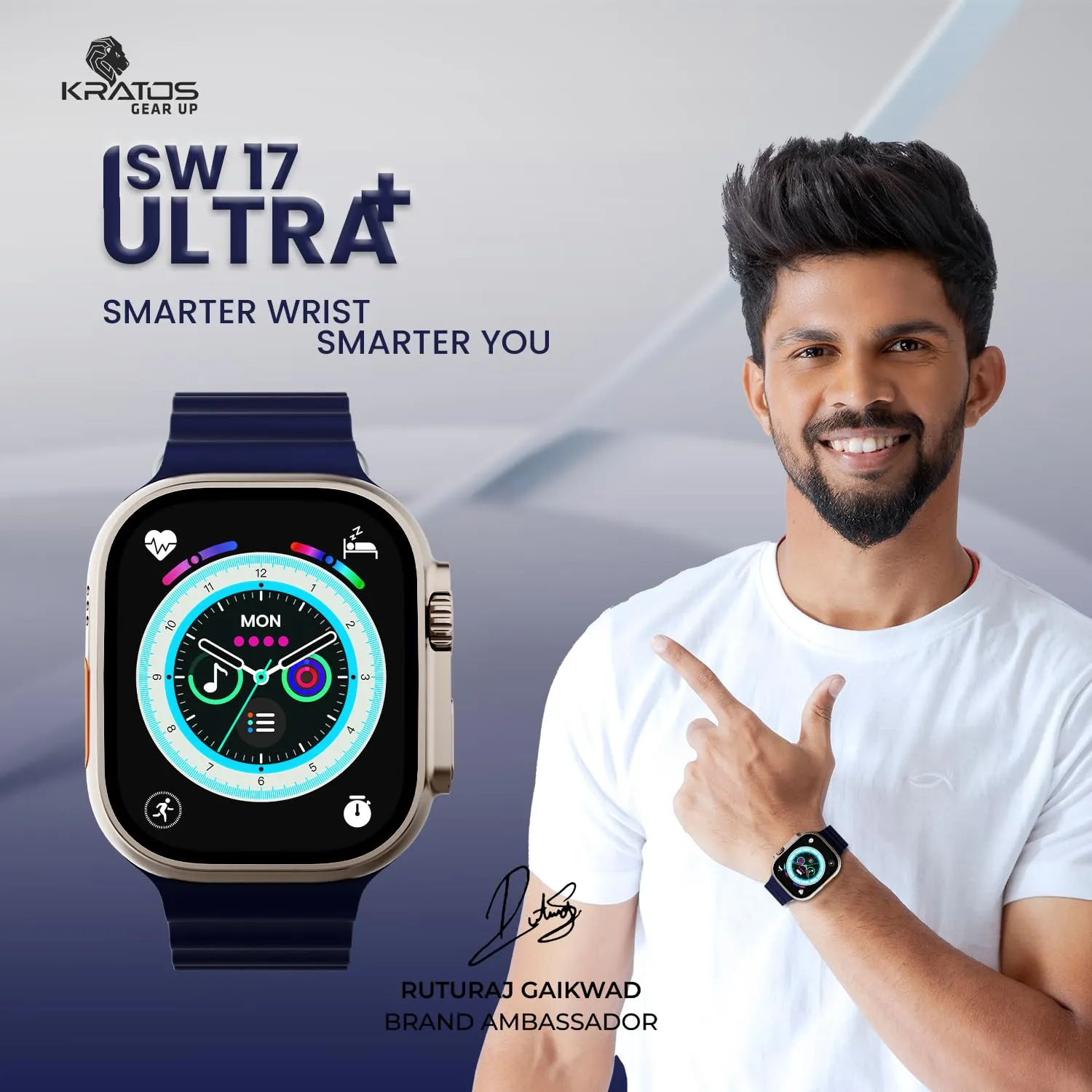 Kratos SW17 Ultra  Smartwatch with 1.96" Touch Display, Advanced BT Calling, Wireless Charging Smart Watch, Voice Assistant, 100  Sports Modes, Rotating Crown, Metallic Body, IP67, Heart Rate, SpO2