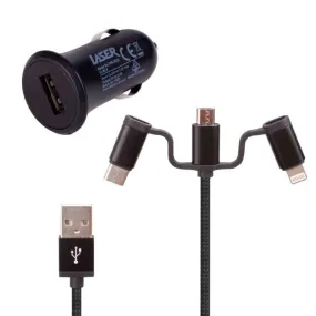 Laser 2.4A Car Charger 3-in-1 Charging Cable Black